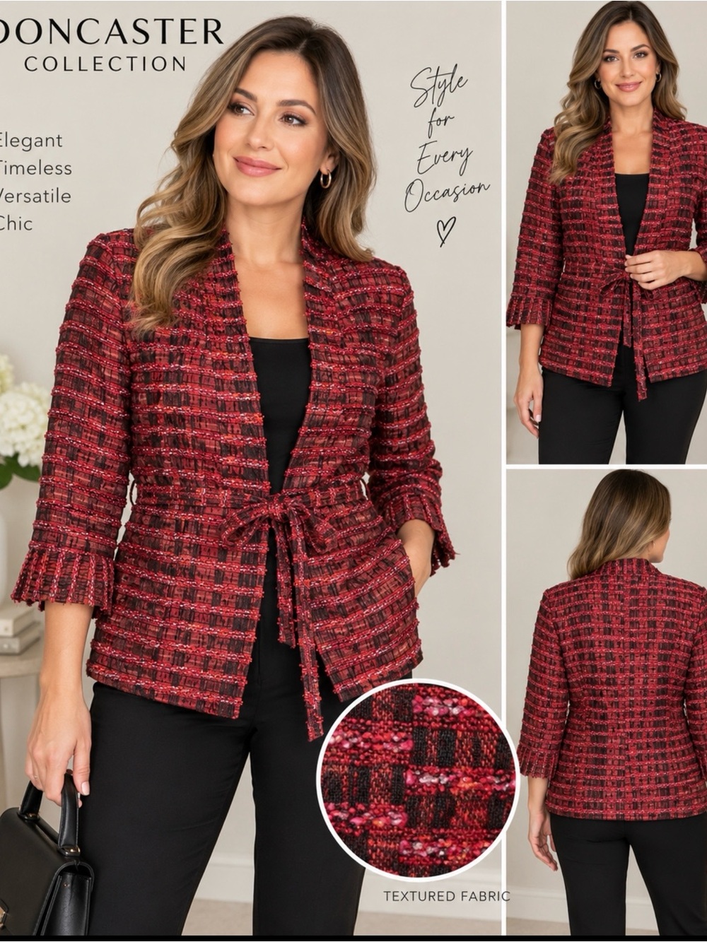Doncaster Collection Women’s Size 6 Red Black Textured Belted Jacket Blazer